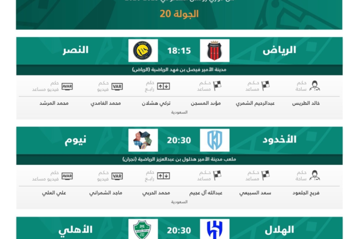 حكام مباريات دوري روشن اليوم: قمة الهلال والأهلي ومواجهة النصر