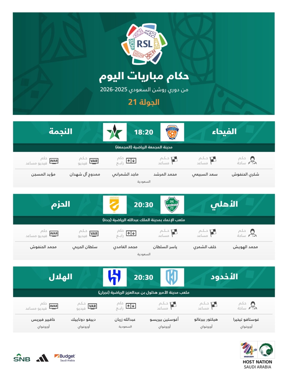 حكام مباريات الخميس في دوري روشن: تعرف على الطواقم المُعلنة