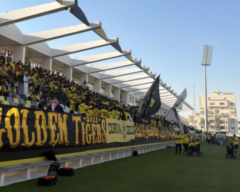 Al-Ittihad fans support the team ahead of their AFC Champions League match against Al-Gharafa