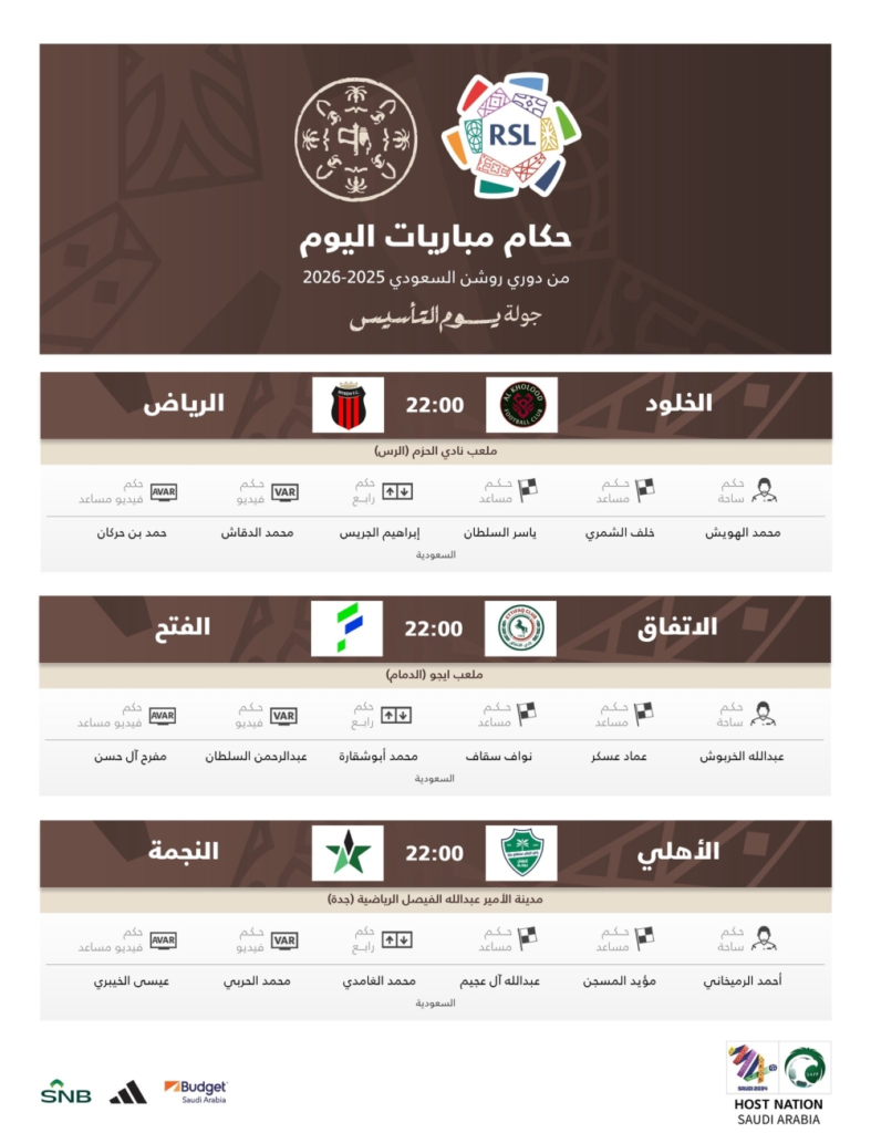 الكشف عن حكام جولة يوم التأسيس بدوري روشن السعودي