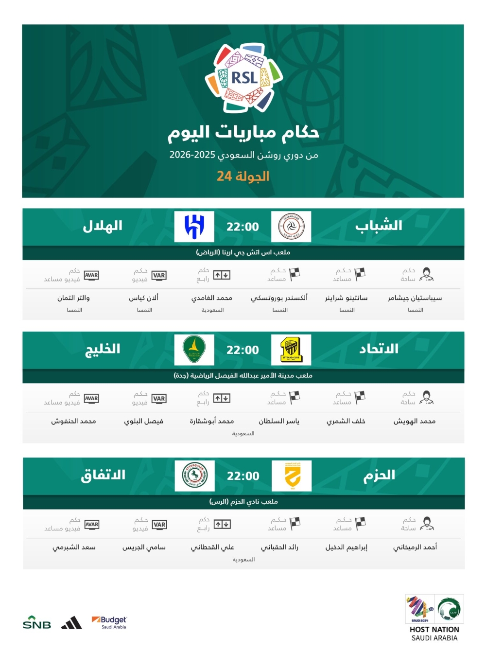 حكام الجولة 24 بدوري روشن: قمة بين الهلال والشباب