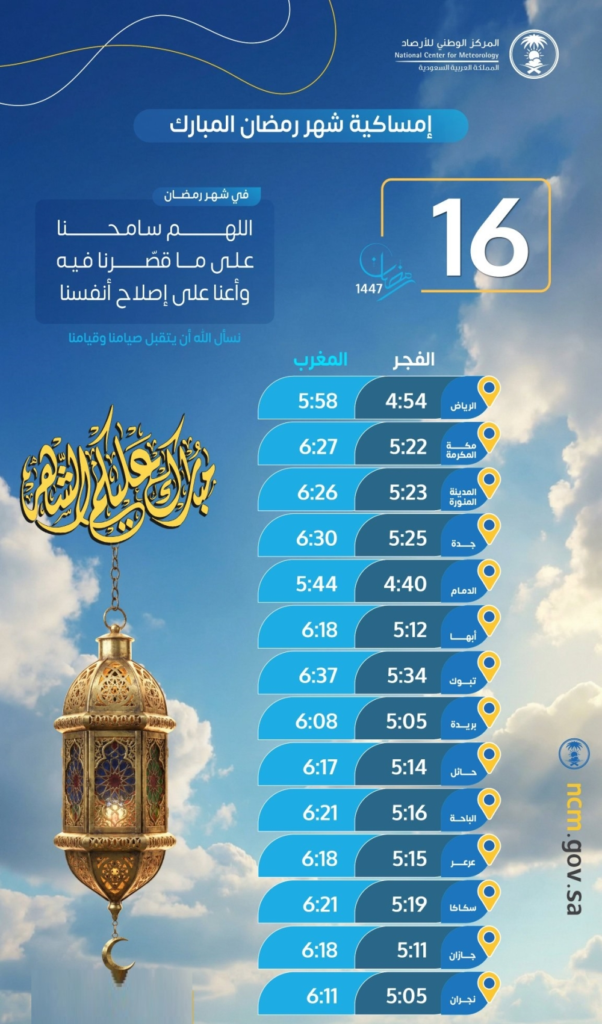 مواعيد الإمساك والإفطار الخميس 16 رمضان في مدن المملكة