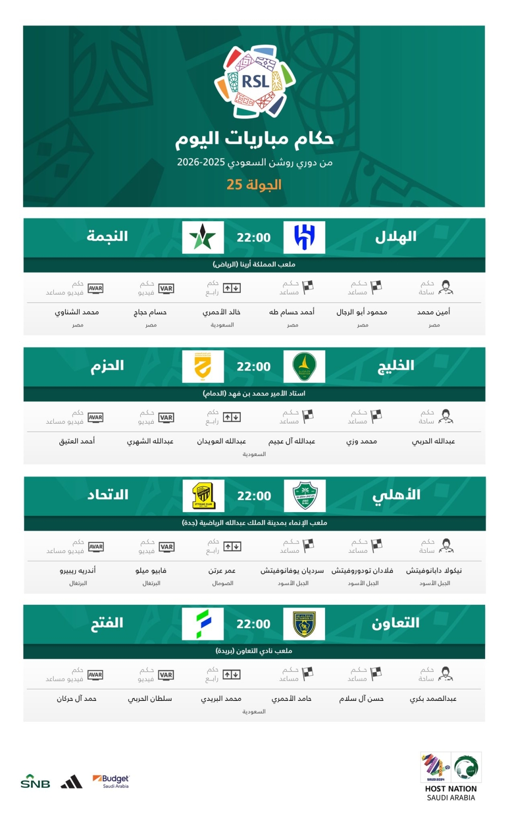 حكام مباريات اليوم في دوري روشن وتفاصيل ديربي جدة