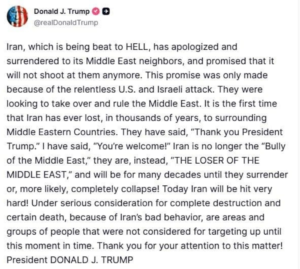 ترامب وإيران: الرئيس الأمريكي يعلن استسلام طهران لجيرانها