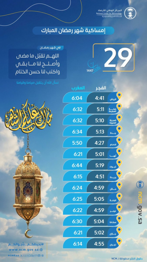 Your guide to knowing the times for Imsak and Iftar on the 29th of Ramadan in Saudi Arabia
