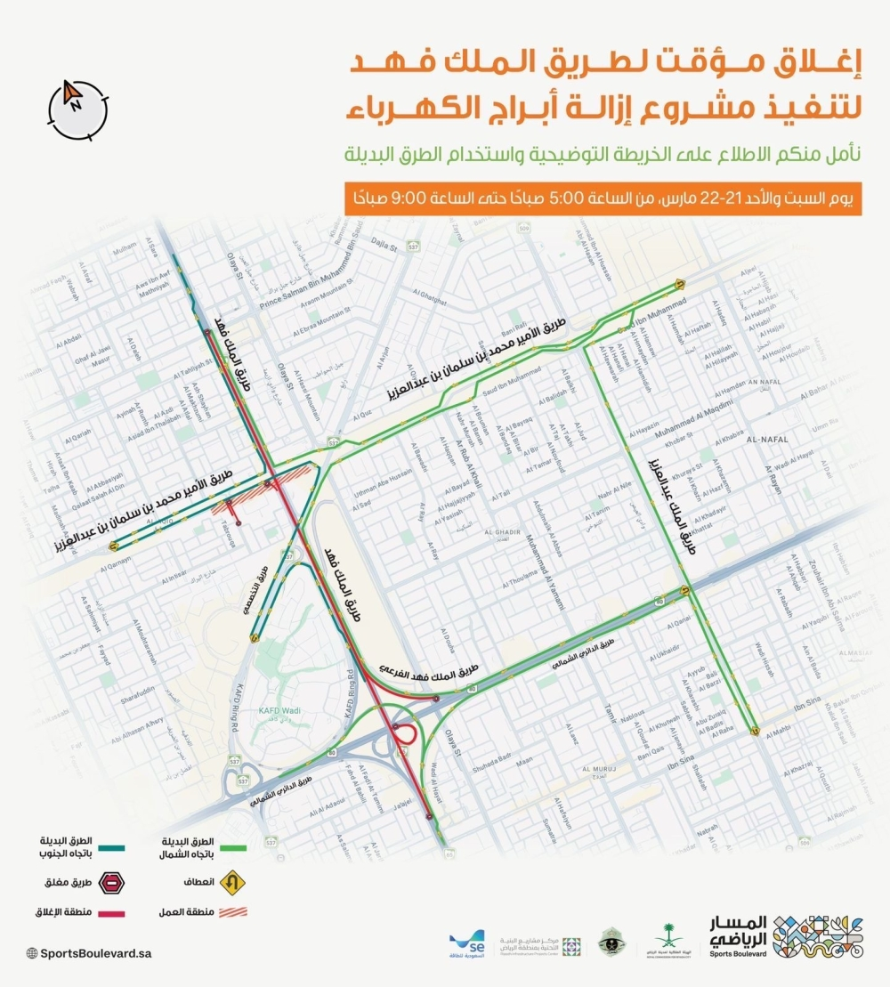 إغلاق طريق الملك فهد بالرياض لصالح مشروع المسار الرياضي