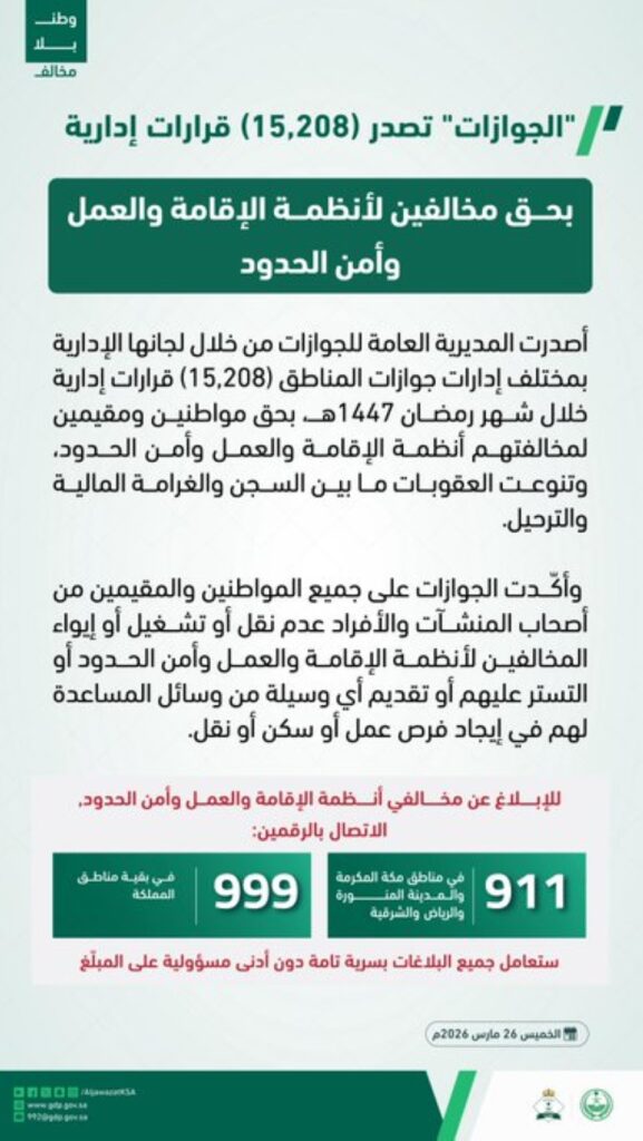 عقوبات الجوازات ضد مخالفي أنظمة الإقامة والعمل